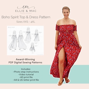 Padrão de costura para vestido franzido estilo Boho | 10 tamanhos XXS - 4XL | Padrão de costura para blusa | Padrão de costura em PDF | Arquivo A0 | Arquivo A4 EUA | Tutorial em vídeo