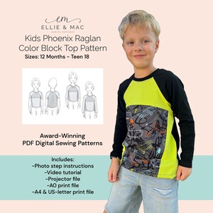 May include: A digital sewing pattern for a kids' raglan color block top. The pattern includes sizes from 12 months to teen 18. The image shows a child wearing a black, yellow, and gray top with a graphic print. The pattern includes photo step instructions, a video tutorial, projector file, AO print file, and A4 & US-letter print file.