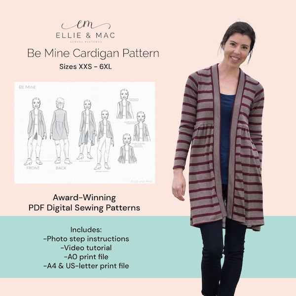 Cardigan sweater sewing pattern | Easy PDF sewing pattern | 12 sizes XXS - 6XL | Projector file | Sew-along video tutorial | Ellie and Mac