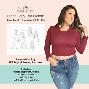 Patrón de costura para camiseta de bebé / 15 tallas - Adolescentes 14-18 Adultos XXS-6XL / Archivo para proyector / Patrón de costura en PDF / Archivo tamaño carta A0 A4 / Videotutorial