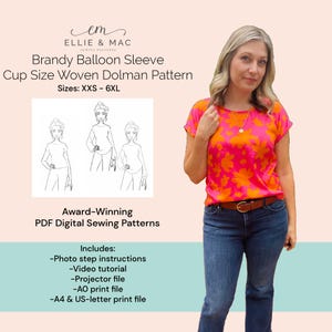 Puede incluir: Un patrón de costura digital para un patrón Brandy Balloon Sleeve Cup Size Woven Dolman. El patrón incluye instrucciones paso a paso con fotos, un tutorial en video, un archivo de proyector, un archivo de impresión AO y un archivo de impresión A4 y US-letter. El patrón está disponible en tallas XXS-6XL.