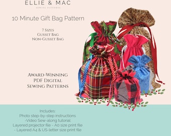 May include: A digital sewing pattern for a 10-minute gift bag. The pattern includes 7 sizes, gusset and non-gusset options, and a video sew-along tutorial. The image shows several gift bags made from different fabrics, including plaid and floral.