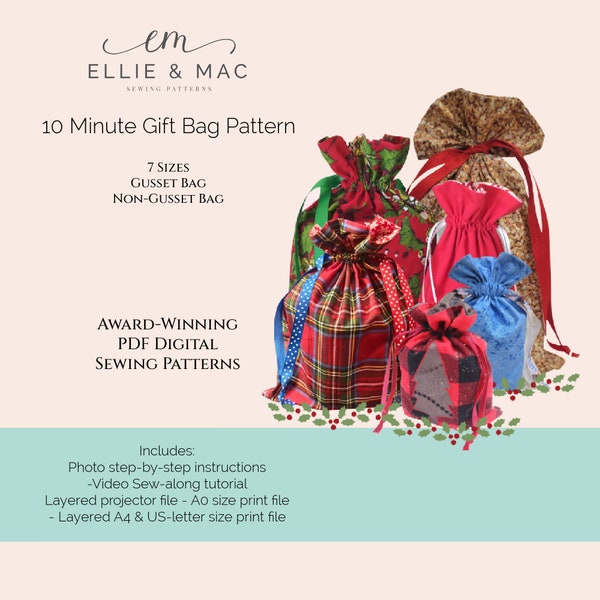Reusable Gift Bag Sewing Pattern | Instant download PDF sewing pattern | 7 sizes gusset and non-gusset | Sustainable and easy sewing pattern