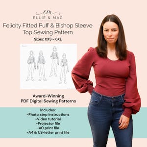 Pode incluir: Um padrão de costura digital para um top ajustado com mangas bufantes e mangas bispo chamado "Felicity". O padrão inclui instruções fotográficas passo a passo, um tutorial em vídeo, um arquivo de projetor, um arquivo de impressão A0 e arquivos de impressão A4 e US-letter. O padrão está disponível nos tamanhos XXS-6XL.
