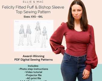 Bischof Ärmel Fitted Top Schnittmuster: XXS-6XL (PDF-Muster)