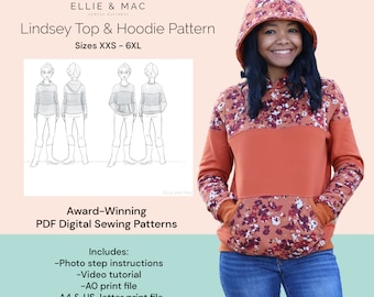 Molde de costura para moletom com capuz Lindsey Color Block XXS-6XL (PDF digital)
