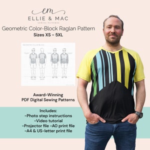 Könnte beinhalten: Ein digitales Schnittmuster für ein geometrisches Farbblock-Raglan-T-Shirt. Das Schnittmuster beinhaltet Schritt-für-Schritt-Anleitungen mit Fotos, ein Video-Tutorial und Druckdateien in den Formaten A0, A4 und US-Letter. Das Schnittmuster ist in den Größen XS bis 5XL erhältlich.
