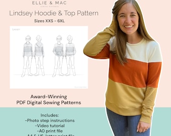 Molde de costura para moletom e blusa Lindsey: design em blocos de cores (PDF digital)
