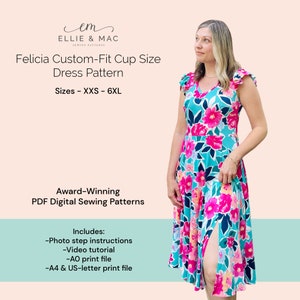 Patrón de costura para vestido de copa / 12 tallas XXS - 6XL / Archivo de proyección / Patrón de costura PDF / Archivo A0 / Archivo tamaño carta A4 / Videotutorial