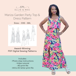 Patrón de costura de top y vestido / 12 tallas XXS - 6XL / Archivo de proyección / Patrón de costura en PDF / Archivo A0 / Archivo tamaño carta A4 / Videotutorial
