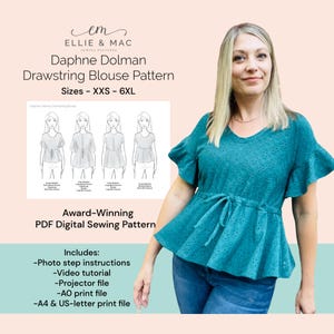 Padrão de costura para dolman com cordão | 12 tamanhos XXS - 6XL | Arquivo para projetor | Padrão de costura em PDF | Arquivo A0 | Arquivo A4 (EUA) | Tutorial em vídeo