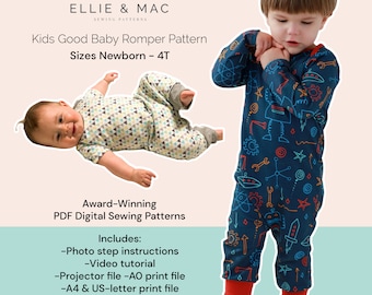 Patrón de costura para mameluco de bebé: desde recién nacido hasta 4 años (PDF digital)