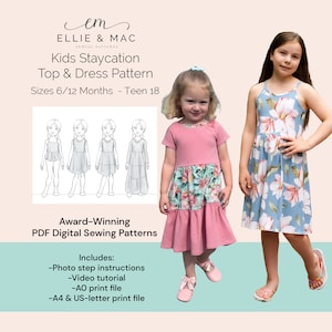 Patrón de costura para vestido y top de niña/ 15 tallas (6/12 M - Teen 18) / Archivo para proyector / Patrón de costura en PDF / Archivo A0 / Archivo tamaño carta A4 / Videotutorial