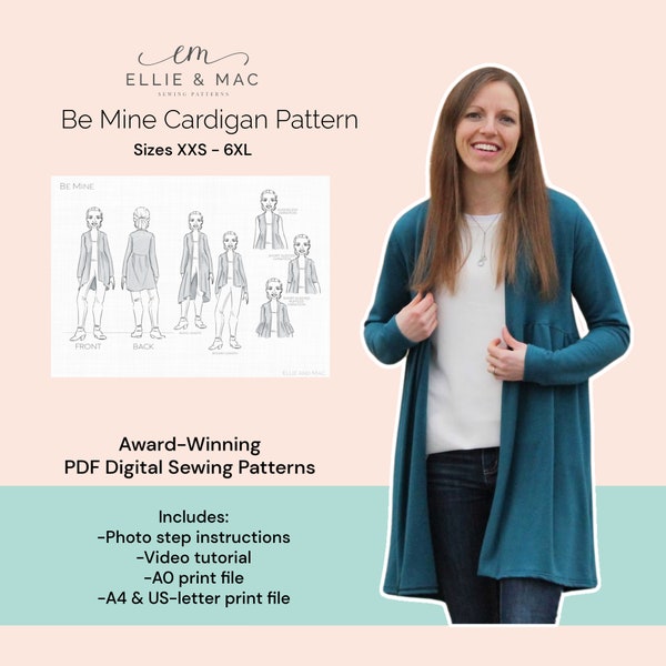 Cardigan sweater sewing pattern | Easy PDF sewing pattern | 12 sizes XXS - 6XL | Projector file | Sew-along video tutorial | Ellie and Mac