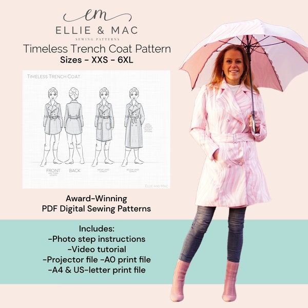 Woven trench coat jacket pattern - PDF sewing pattern - Sizes XXS - 6XL - Beginner sewing - Easy jacket pattern - Ellie and Mac