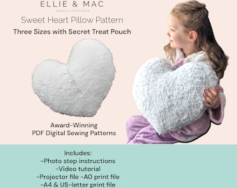 Sweet Heart Pillow pattern - Three sizes - Digital PDF sewing pattern - Projector A0 A4 US letter files - Ellie and Mac - Craft pattern