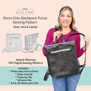 Puede incluir: Una mochila de color gris oscuro con una cremallera y correas de color azul claro. La imagen también muestra un patrón de costura con el texto "Shyra Chic Backpack Purse Sewing Pattern" y "Tallas: Tote & Laptop". El patrón incluye instrucciones fotográficas y un tutorial en vídeo.