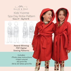 Może przedstawiać: Wzór czerwonej szlafroka z kapturem dla dzieci, nazwany "Kids Yvonne Spa Day Robe Pattern" autorstwa Ellie & Mac Sewing Patterns. Wzór obejmuje rozmiary od 2T do Big Kid 18 i zawiera instrukcje krok po kroku ze zdjęciami, samouczek wideo, plik do druku AO oraz pliki do druku A4 i US-letter.