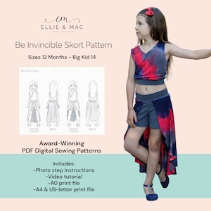 May include: A digital sewing pattern for a skort, called "Be Invincible Skort Pattern", for sizes 12 months to Big Kid 14. The pattern includes photo step instructions, a video tutorial, an AO print file, and an A4 & US-letter print file.
