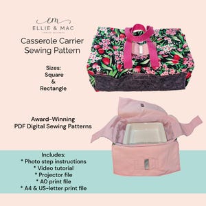 May include: A pink and black casserole carrier sewing pattern with a floral print. The pattern includes photo step instructions, a video tutorial, projector file, AO print file, and A4 & US-letter print file.