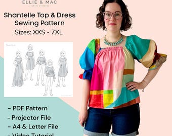 Patrón de costura para blusa y vestido fruncido: varios largos, mangas (descarga en PDF, XXS-7XL)