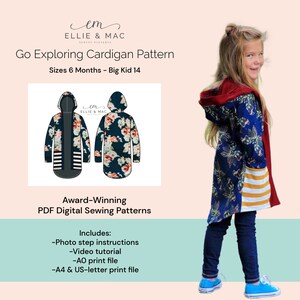 May include: A digital sewing pattern for a hooded cardigan, called "Go Exploring Cardigan Pattern", for sizes 6 months to big kid 14. The pattern includes photo step instructions, a video tutorial, and print files in A0, A4, and US-letter sizes.