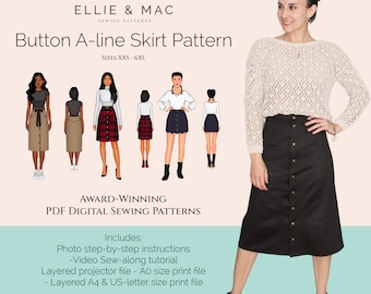 Adult Button A-line Skirt PDF Sewing Pattern - Sizes XXS - 6XL