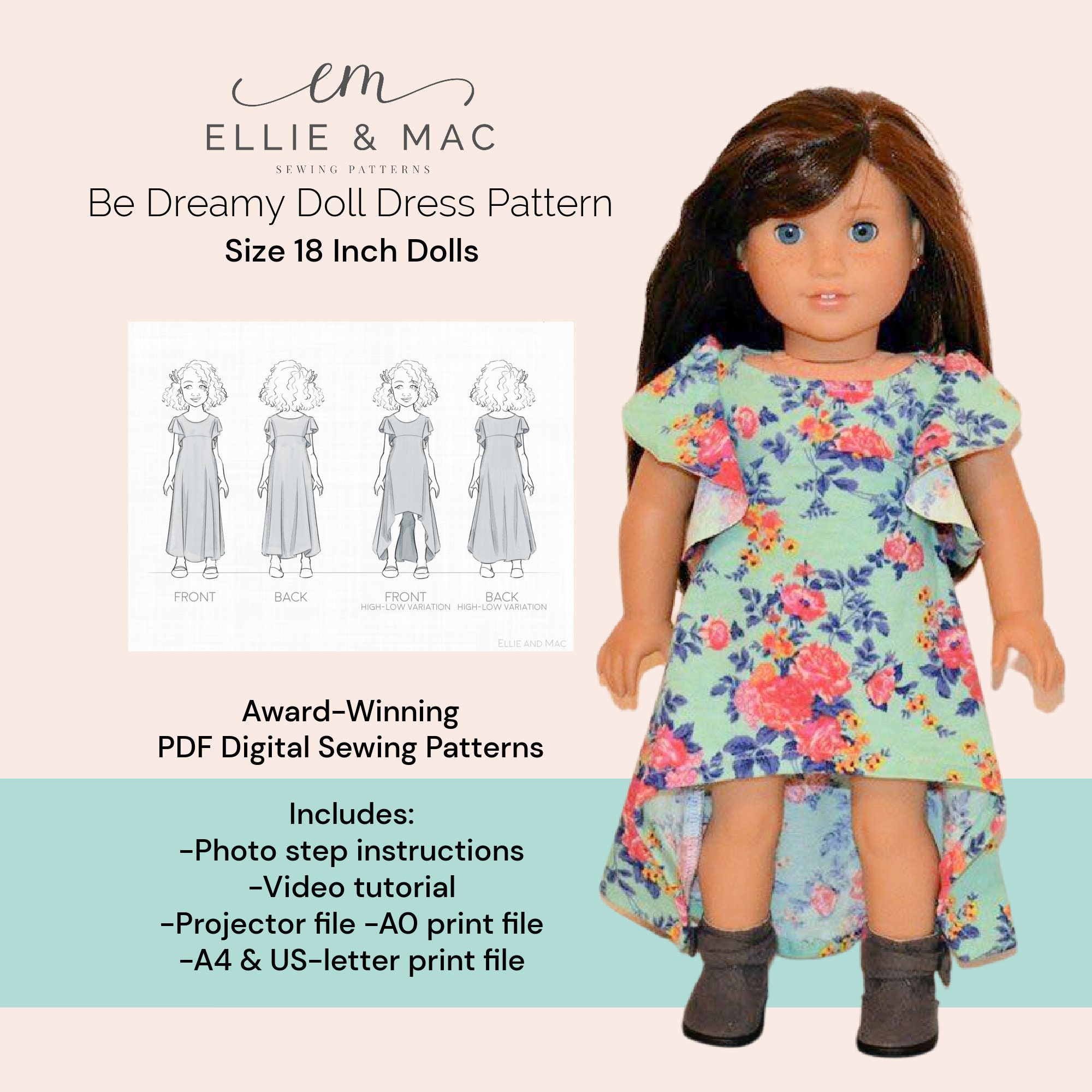 Doll Maxi Dress Pattern, PDF Sewing Pattern, Beginner Level Sewing ...