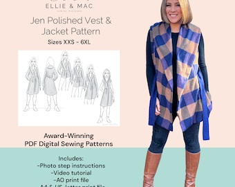 May include: A digital sewing pattern for a polished vest and jacket. The pattern includes photo step instructions, a video tutorial, and print files in A0, A4, and US-letter sizes. The pattern is available in sizes XXS-6XL.