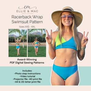 Swimsuit sewing pattern - Sizes XXS - 6XL - Digital PDF sewing pattern - Projector A0 A4 US letter files - Racerback Wrap swimsuit pattern