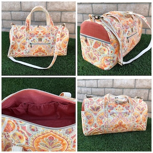 Day-To-Day Duffle Bag Sewing Pattern collage that shows the interior pockets, side zip feature, exterior zipper feature. Easy pdf pattern for bags.