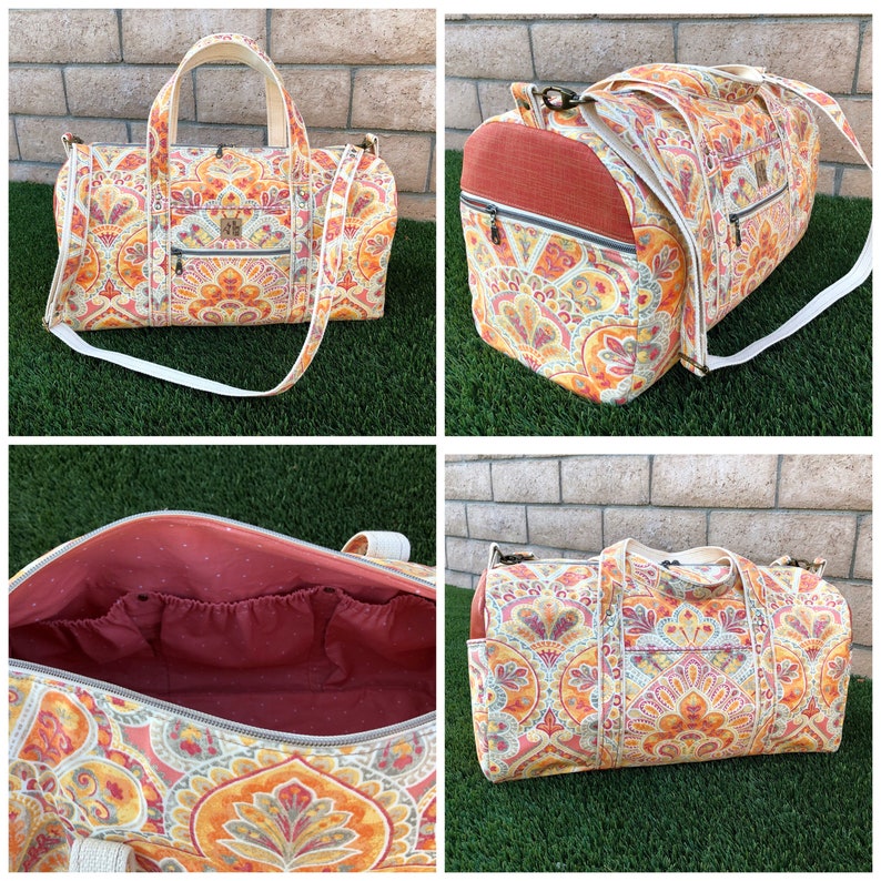 Day-To-Day Duffle Bag Sewing Pattern collage that shows the interior pockets, side zip feature, exterior zipper feature. Easy pdf pattern for bags.