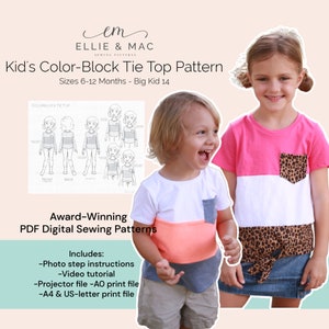 Op de afbeelding: Een promotieafbeelding voor een PDF-naaipatroon voor kinderkleurblok-striktoppen. De afbeelding toont twee kinderen die de afgewerkte tops dragen. Het patroon bevat foto-stapinstructies, een video-tutorial en afdrukbestanden. De tekst op de afbeelding luidt "Kid's Color-Block Tie Top Pattern."
