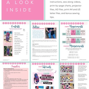 May include: A pink and white document with sewing pattern instructions. The document includes a table of contents, fabric recommendations, supply lists, and video tutorials. The text "A LOOK INSIDE" is at the top.