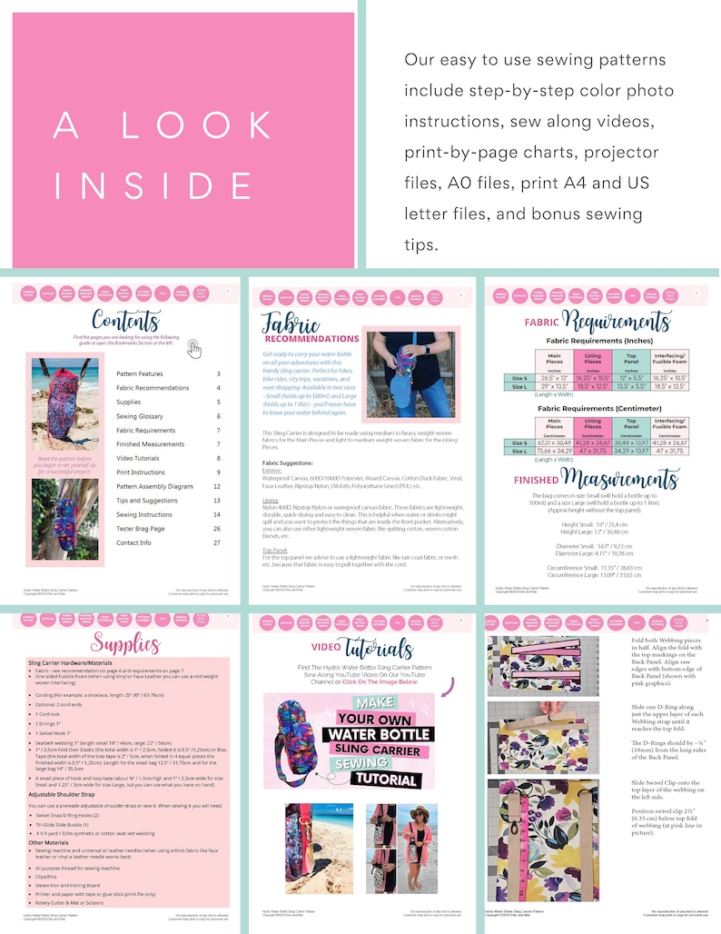 May include: A pink and white document with sewing pattern instructions. The document includes a table of contents, fabric recommendations, supply lists, and video tutorials. The text "A LOOK INSIDE" is at the top.