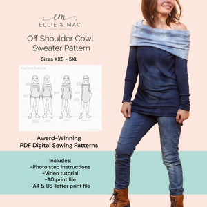 Off Shoulder Cowl Neck Sweater Sewing Pattern: XXS-5XL (PDF)