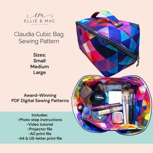 Puede incluir: Un patrón de costura para una bolsa Claudia Cubic, con un diseño geométrico colorido. El patrón incluye instrucciones paso a paso con fotos, un tutorial en video, un archivo de proyector, un archivo de impresión AO y un archivo de impresión A4 y US-letter.