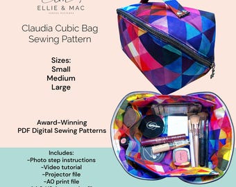 May include: A sewing pattern for a Claudia Cubic Bag, featuring a colorful geometric design. The pattern includes photo step instructions, a video tutorial, projector file, AO print file, and A4 & US-letter print file.