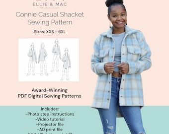 Pode incluir: Um padrão de costura digital para uma jaqueta casual, chamada Connie Shacket, nos tamanhos XXS-6XL. O padrão inclui instruções passo a passo com fotos, um tutorial em vídeo, um arquivo de projetor, um arquivo de impressão AO e arquivos de impressão A4 e US-letter.
