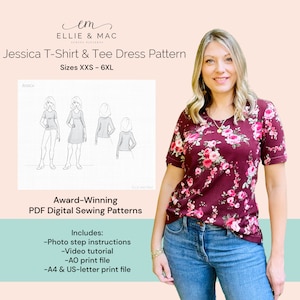 Patrón de costura fácil para camisetas y vestidos / 13 tallas: XXS - 6XL / Archivo para proyector / Patrón de costura en PDF / Archivo tamaño carta A0 A4 / Videotutorial