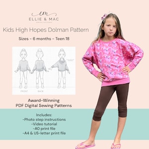Könnte beinhalten: Ein digitales Nähmuster für einen Kinder-Dolman-Pullover, genannt "Kids High Hopes Dolman Pattern". Das Muster umfasst Größen von 6 Monaten bis Teenager 18. Das Muster ist preisgekrönt und beinhaltet Schritt-für-Schritt-Anleitungen mit Fotos, ein Video-Tutorial und Druckdateien in den Formaten A0, A4 und US-Letter.