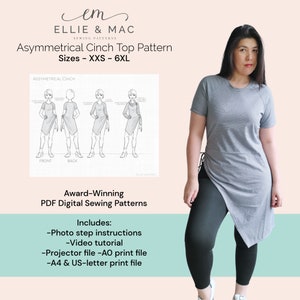 Asymmetrical Cinch Top Sewing Pattern: Raglan Sleeve, Cowl Neck (PDF Pattern)
