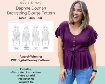 May include: A digital sewing pattern for a Daphne Dolman Drawstring Blouse. The pattern includes photo step instructions, a video tutorial, a projector file, an AO print file, and an A4 & US-letter print file. The pattern is available in sizes XXS - 6XL.