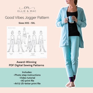 Patrón de costura de pantalón de jogging con videotutorial tallas XXS - 5XL / Patrones Ellie y Mac / Patrón de costura en PDF con descarga instantánea / Jogger