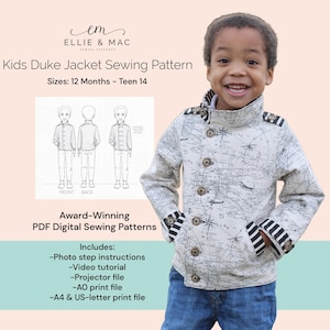 Peut inclure: Un patron de couture numérique pour une veste pour enfants, appelée la veste Duke. Le patron est disponible en tailles de 12 mois à 14 ans. L'image montre un jeune garçon portant une veste blanche à imprimé carte et des poignets rayés noir et blanc. Le texte "Award-Winning PDF Digital Sewing Patterns" est également visible.