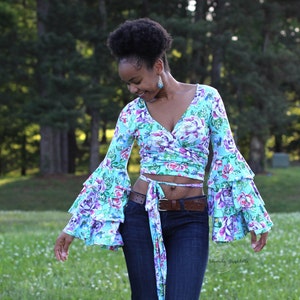 Wrap Top Sewing Pattern: Bell Sleeves Knit Design (XXS-5XL) (PDF Pattern)