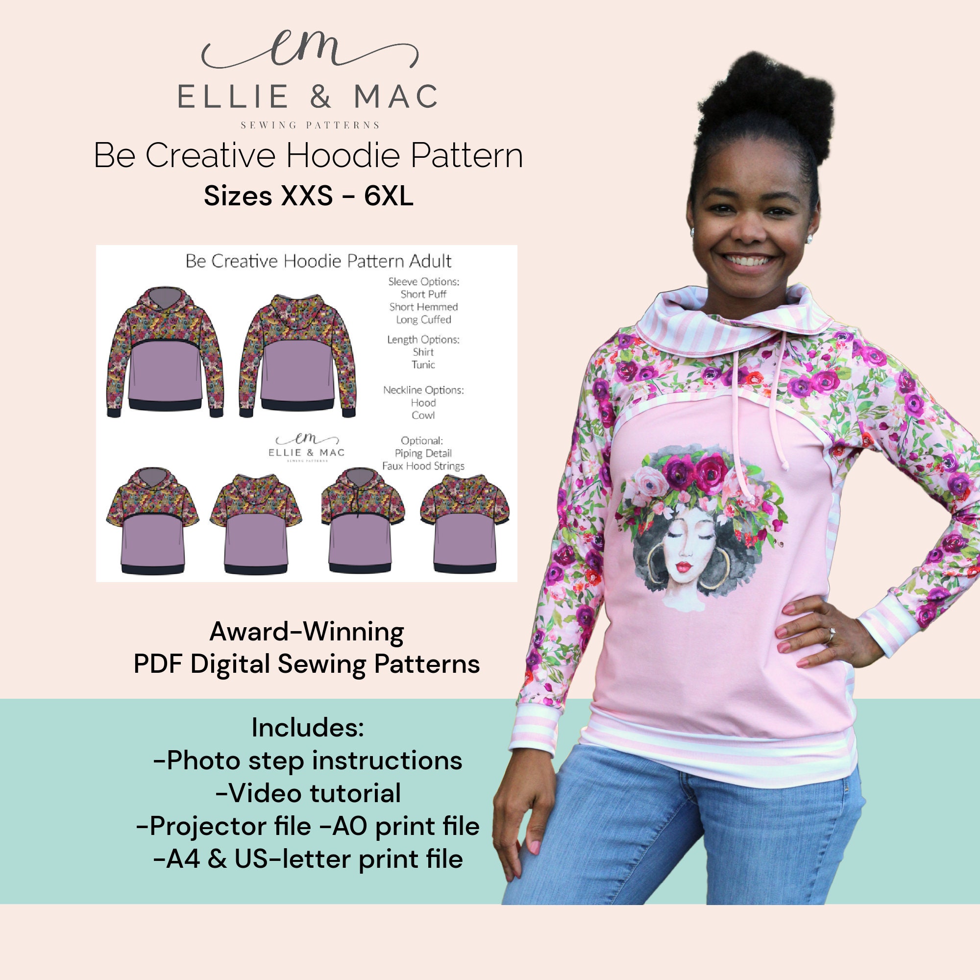 Hoodie Sewing Pattern Digital PDF Sewing Pattern Adult Sizes XXS 6XL Ellie  and Mac Be Creative Instant Download Easy Sewing 