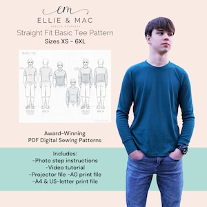 Basic tee pattern - PDF sewing pattern (Straight Fit) - Sizes XS - 6XL - Beginner sewing - Easy sweater pattern