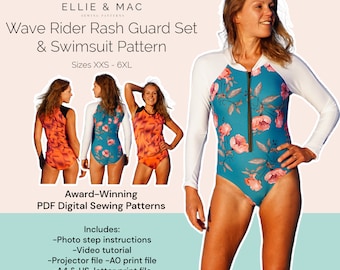 May include: A digital sewing pattern for a rash guard and swimsuit set. The pattern includes photo step instructions, a video tutorial, and print files in A0, A4, and US-letter sizes. The pattern is available in sizes XXS to 6XL.