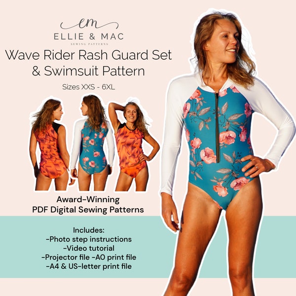 Versatile Rash Guard & Swimsuit Sewing Pattern | Sizes XXS - 6XL | Digital PDF with Projector and Print Files | Zip Swimsuit Pattern